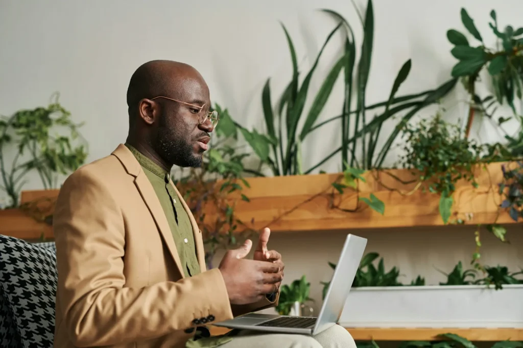 Black founder talking on a video call