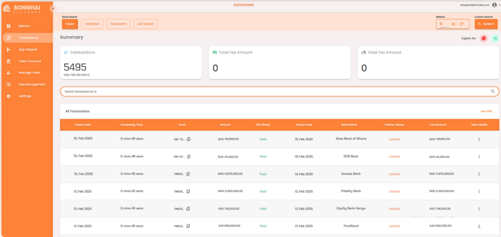 Songhai Exchange dashboard