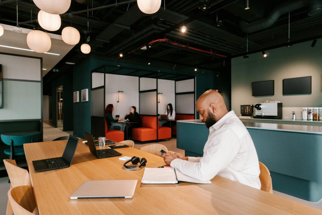 Black founder working in a startup office